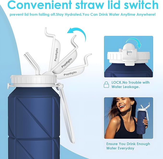 4 pack Collapsible Water Bottles Reusable Leakproof Silicone Water Bottle BPA Free Durable Foldable Sports Bottles & straw 23oz Lightweight Bottle