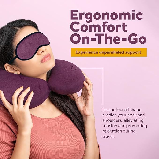 Pursonic Memory Foam Neck Pillow with Eye Mask - Ergonomic Travel Pillow, Breathable Fabric, Compact & Portable, Available in Purple, Teal, Grey (Teal)
