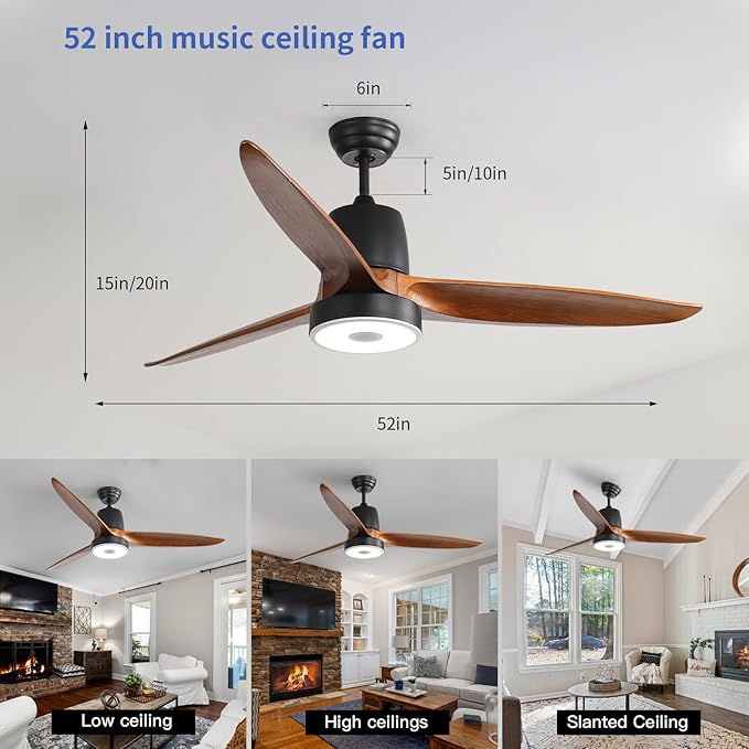 52 Inch Wood Ceiling Fan with RGB Dimming LED Light,with Music Bluetooth Speaker,Remote Control,3-Speed Regulation, Reversible Motor,Timing,for Living Room,Bedroom,Restaurant,Outdoor