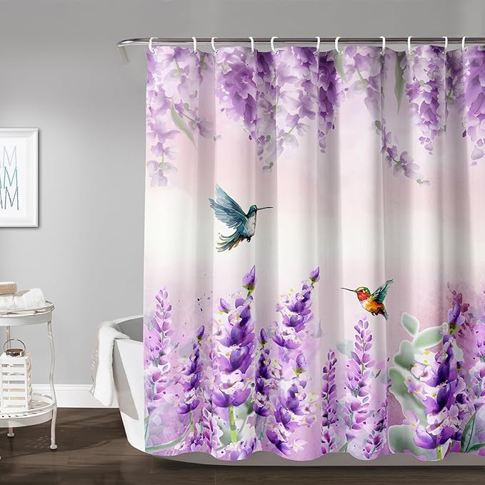 AILONEN Waterproof Floral Shower Curtain for Bathroom,Purple Pink Wisteria Lavender Flowers Shower Curtain,Botanical Floral Decor Bathroom Polyester with Grommets and Hooks 72" W*96" H