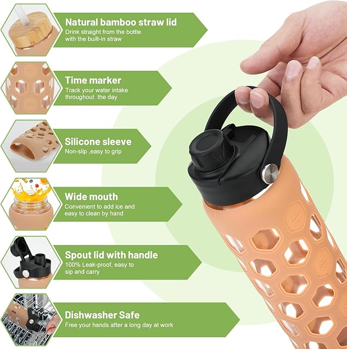 32oz Glass Water Bottles with 2 Lids-Bamboo Straw Lid & Spout Cap,Motivational Water Tumbler with Silicone Sleeve with Time Marker,Leakproof,BPA Free