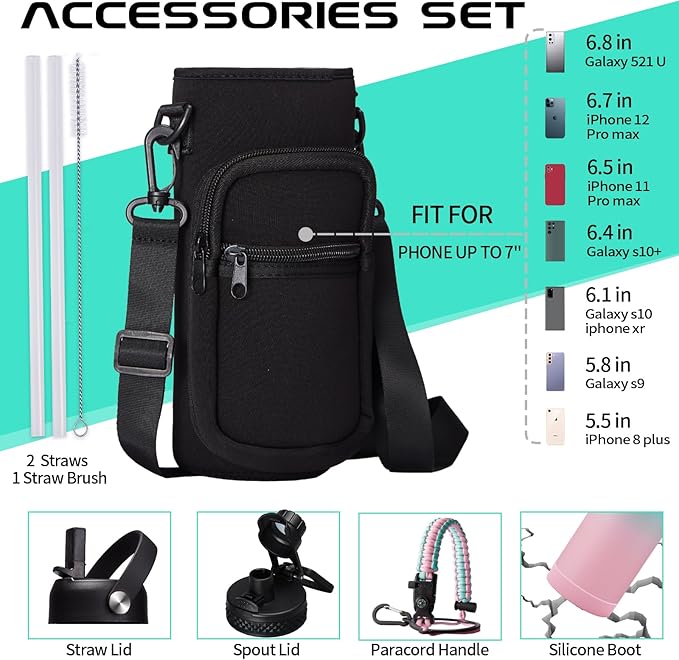 40 oz Insulated Water Bottle - Stainless Steel Water Bottles with Straw & Spout Lids, Paracord Handle, Carrier Bag with Strap, Protective Cup Mat, Keep Cold-48H & Hot-12H Metal Water Flask