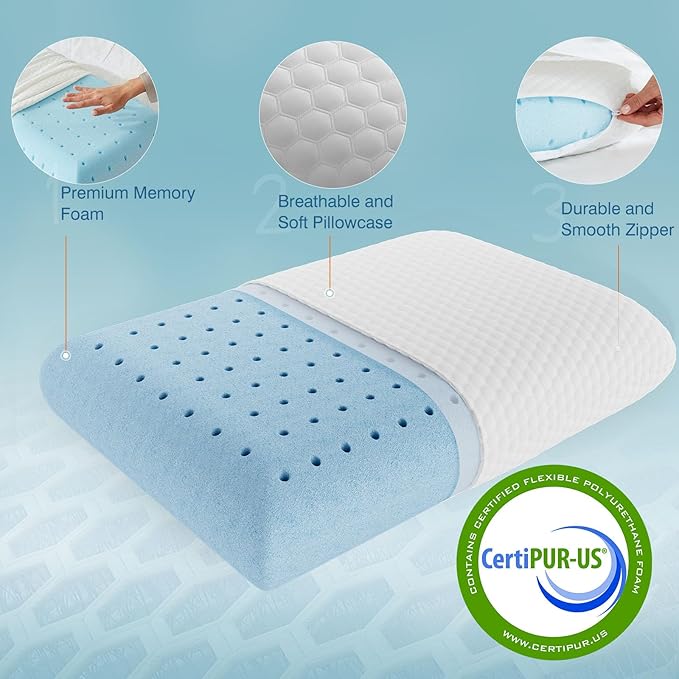 Sweetcrispy Memory Foam Pillows - Standard Size Neck Pillow, Ventilated Cooling Bed Pillow with Removable Cover, Comfort and Support, Best for Side, Back, and Stomach Sleepers, Living Room, White