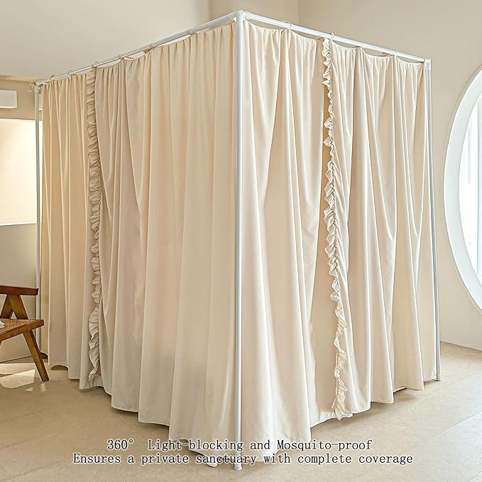 AIKASY Princess Canopy Bed Curtains with Top Ties - Windproof & Lightproof for Girls' Adult Bedroom Decor | Bed Canopy Drapes (Full,Khaki)