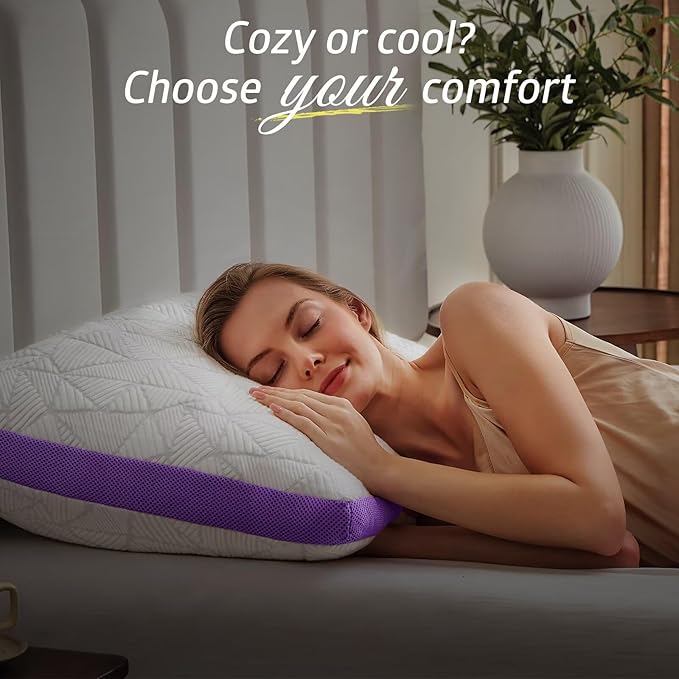BETU Cooling Pillow Queen Size, Shredded Memory Foam Cool Pillow for Hot Sleepers, Adjustable Firm Soft Support Bed Pillows Perfect for Back Neck Pain and Side Sleeping with Pillow Case Cover, Purple