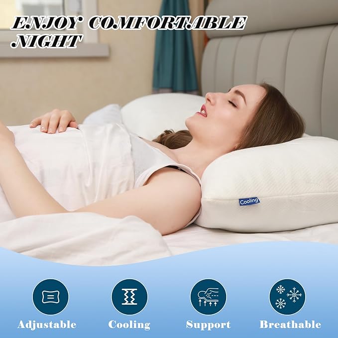 Cooling Bed Pillows for Sleeping 2 Pack, Shredded Memory Foam Pillows Queen Size Set of 2 - Adjustable Pillows for Side Back Sleepers with Cooling Washable Cover, Medium Firm Support Pillows