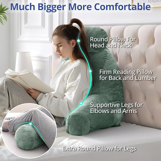 Sasttie Reading Pillow for Sitting in Bed Adult, Extra Large Back Pillow for Bed, Backrest Pillow with Detachable Head Support Cushion, College Dorm Essentials for Girls and Boys, Sage