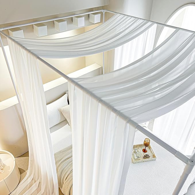 AIKASY White Bed Canopy Scarf for Full/Queen - Luxury Sheer Canopy Bed Curtains with Light - Suitable for Four-Poster Bed, Metal Bed Frame, Wood Bed Frame -2pic