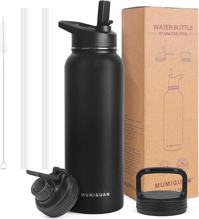 40oz Insulated Water Bottle with 3 Lids(Straw, Hand and Spout Lid), Double Vacuum Stainless Steel Metal Water Flask(BPA-free, CPC) for Sports, Camping, Hiking, Cycling, Fitness and more(Black)