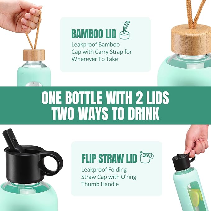 24oz Glass Water Bottle With 2 Lids-Flip Straw Lid, Bamboo Lid, Glass Water Bottle With Silicone Sleeve, Motivational Time Marker, Glass Juice Bottle for Cold Drink,Light Blue