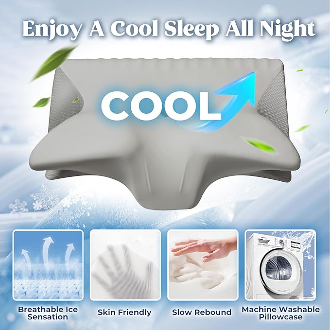 Cervical Pillow for Neck Pain Relief, Cooling Contour Memory Foam Pillows Support Odorless Ergonomic Neck Pillow Adjustable Orthopedic Bed Pillow for Side Back Stomach Sleeper with Pillowcase Grey