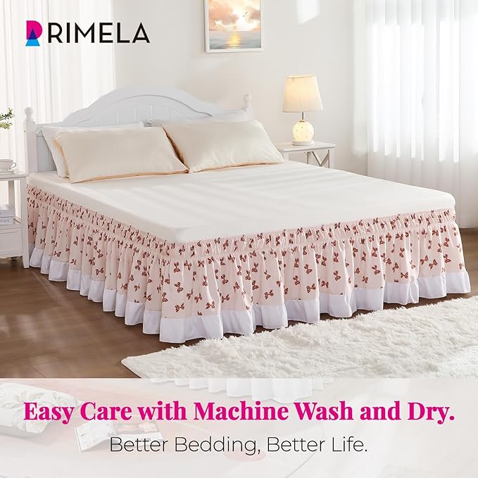 RIMELA Light Pink Elastic Bed Skirt Queen Szie 14 inch Drop, Bedskirt Easy to Put On, Solid Wrap Around Dust Ruffle, Fade Resistant Silky Fabric Machine Washable