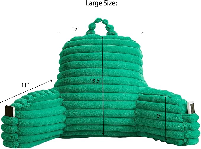 Faux Fur Fluffy Emerald Reading Pillow with Pockets, Luxury Striped Plush Decorative, Arm Rests and Back Surport for Bed Rest, Lounging on sofa, Large