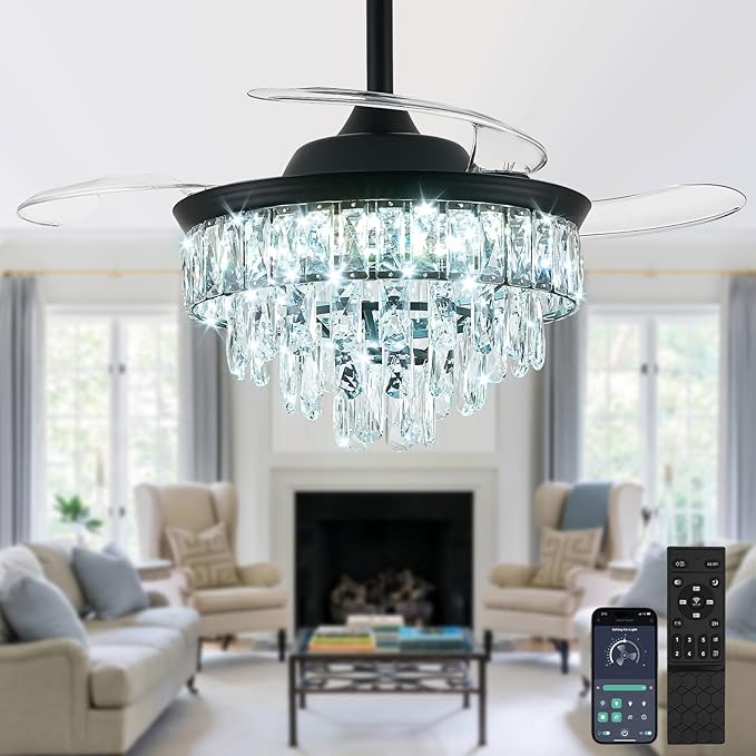 LEONTYNE 36" Modern Crystal Ceiling Fan with Lights and Remote Invisible Retractable LED Dimmable Chandelier Fan 3 Blades 6 Speeds Fandelier for Bedroom Living Room Dining Room (Black)