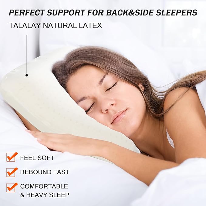 Talalay 100% Natural Premium Latex Pillow, Queen Bed Pillow with Removable Cotton Cover, Helps Relieve Pressure, Sleeping Pillow Suitable for Back and Side Sleepers and as Travel Pillow, Best Gift