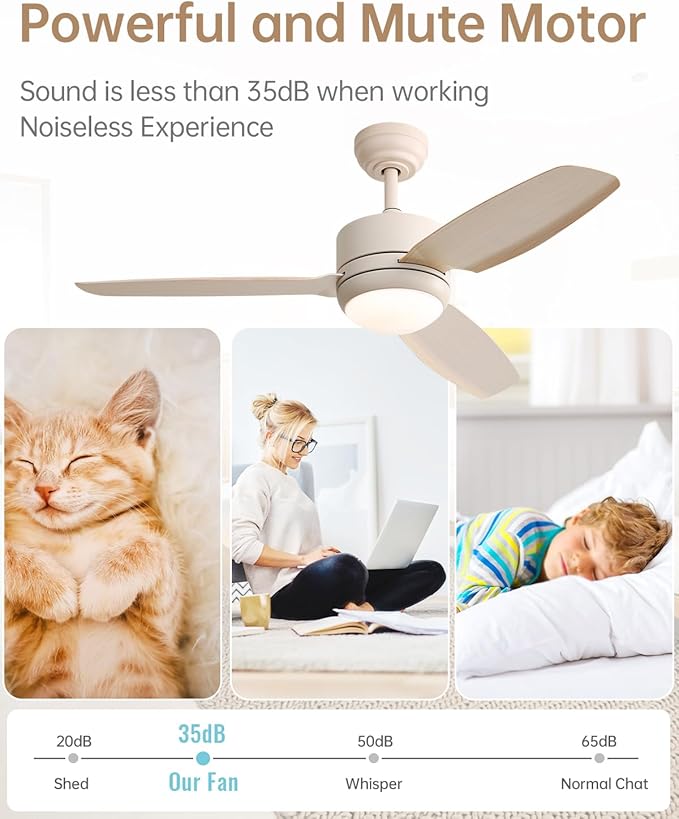 CACI Mall 46 inch Ceiling Fans with Lights and Remote, FUSH Mount Low Profile Ceiling Fan, Modern,3 Blade,6 Speed DC Motor,Quiet,Small Ceiling Fan for Bedroom Indoor/Outdoor Use