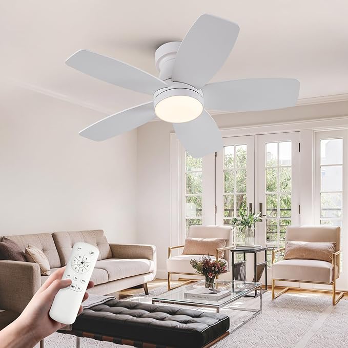 30 inch Ceiling Fans with Lights and Remote,Flush Mount White Ceiling Fan,Memory Fuction Reversible Quiet DC Motor Low Profile Ceiling Fans For Living Room Bedroom Outdoor(White&Natural Wood)