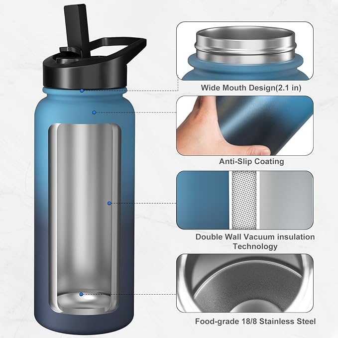 32oz Insulated Water Bottle with 3 Lids(Straw, Hand and Spout Lid), Double Vacuum Stainless Steel Metal Water Flask(BPA-free, CPC) for Sports, Camping, Hiking, Cycling, Fitness and more(Indigo Black)