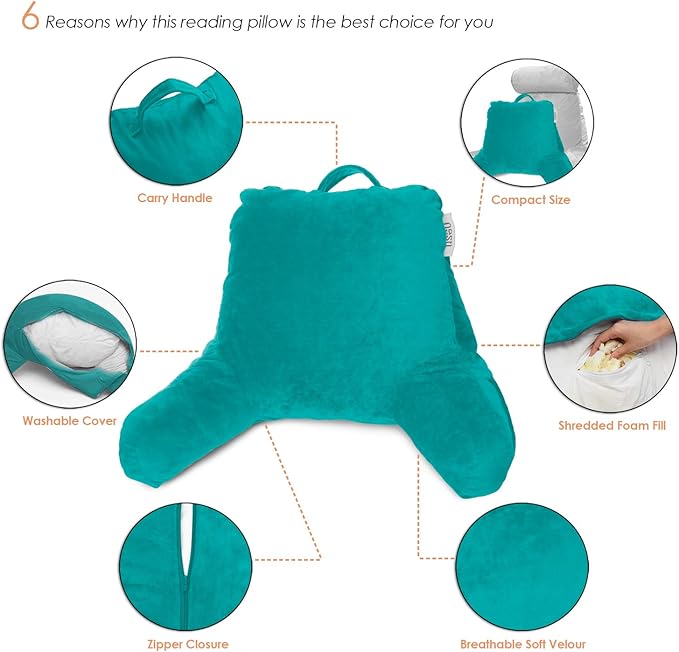 Nestl Reading Pillow Standard Bed Pillow, Back Pillow for Sitting in Bed Shredded Memory Foam Chair Pillow, Reading & Bed Rest Pillows Teal Back Pillow for Bed, Bed Chair Arm Pillow with Pockets