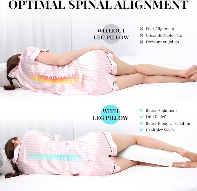 Large Knee Pillow for Side Sleepers Memory Foam Leg Pillows for Sleeping Yoga Bed Half Moon Bolster Pillow for Neck Pain Relief with 2 Pillowcases 23.6"x8.7"x5"(White+Grey, Extended Size)