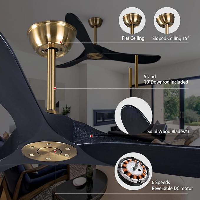 Bigzone 52" Black and Gold Ceiling Fan With Remote Control, DC Motor Quiet Energy Saving,3 Balsa Wood Blades,Outdoor/Indoor Ceiling Fan no light With Reversible Blades