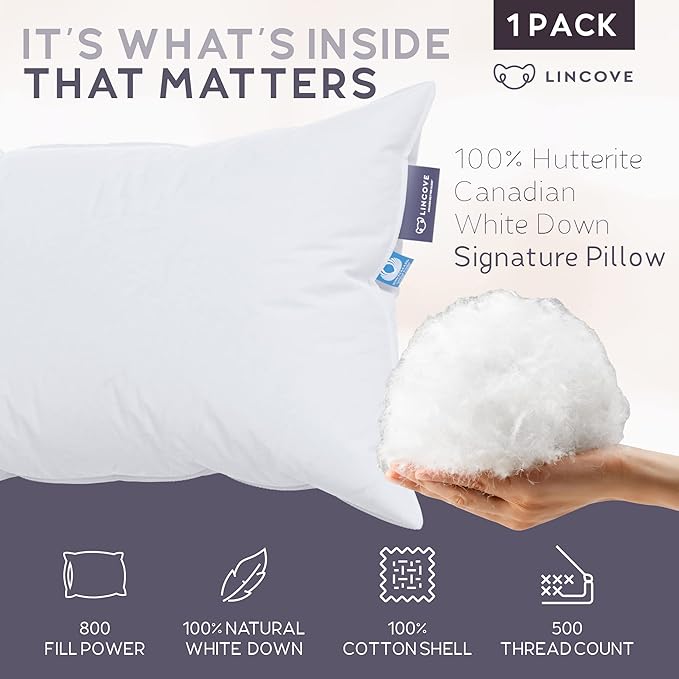 Lincove Signature 100% Natural Canadian White Down Luxury Sleeping Pillow - 800 Fill Power, 500 Thread Count Cotton Shell, Made in Canada, Standard - Medium, 1 Pack