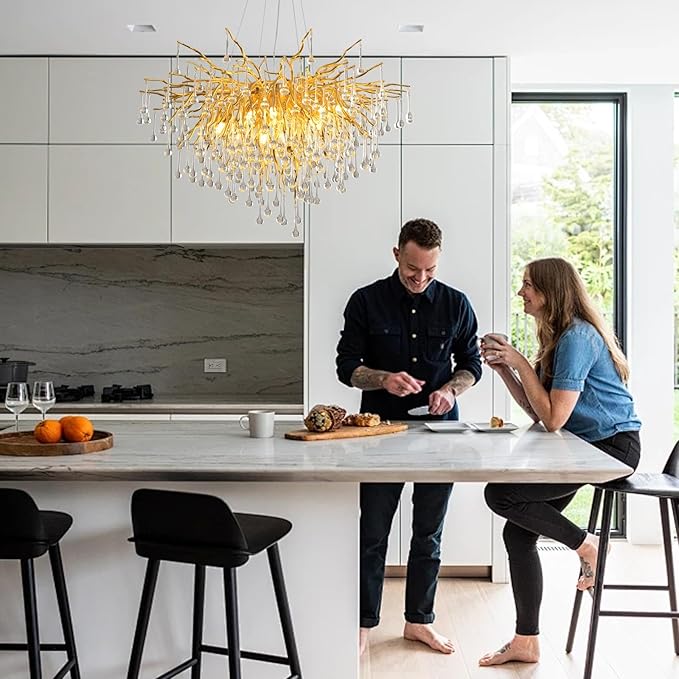 31.5 Inch Modern Crystal Chandeliers,10-Light Gold Tree Branch Chandelier Hanging Light Fixtures,Raindrop Chandeliers for Dining Room,Living Room