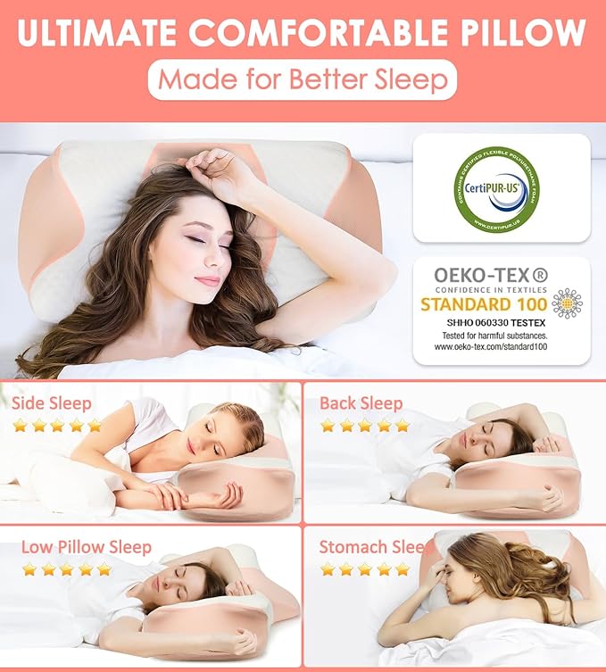 Cervical Pillow for Neck Pain Relief, Memory Foam Pillow for Sleepin, Ergonomic Contour Pillows, Orthopedic Pillow with Washable Pillowcase, for Side Back Stomach Sleepers (Pink)