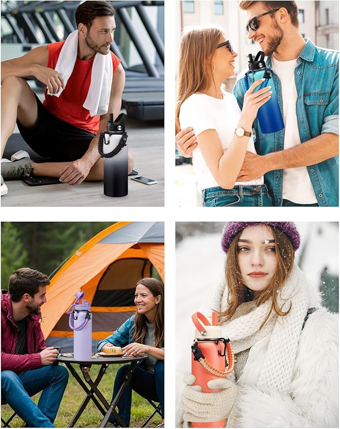 40 oz Insulated Water Bottle - w/Straw Spout Lids, Paracord Handle, Silicone Boot, Metal Flask Water Bottle Carrier with Strap, Leak Proof Stainless Steel Thermal Flask Keep Cold 48h & Hot 24h