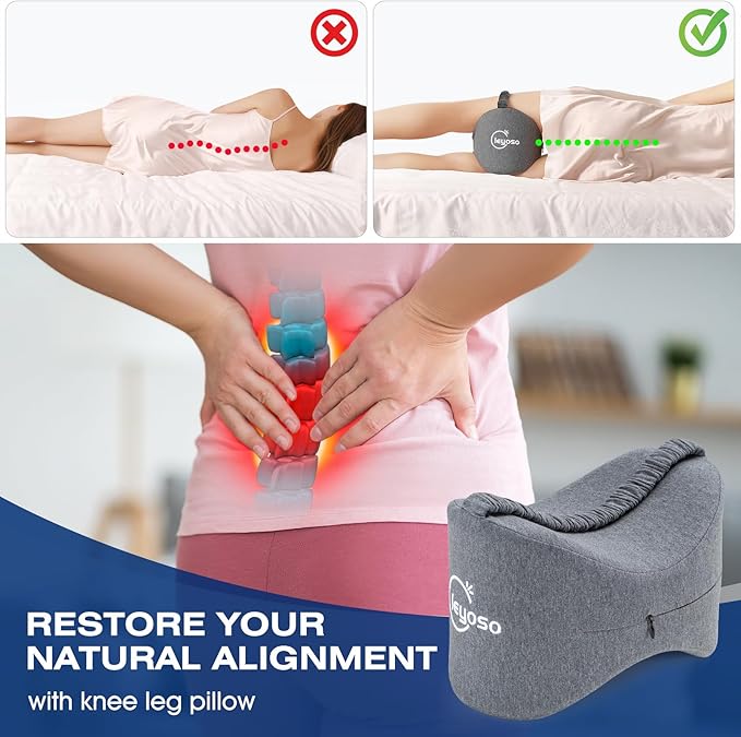 Side Sleepers Knee Leg Pillow Leg Pillow for Side Sleeping with Strap,100% Memory Foam Wedge Contour Spacer Cushion for Back, Hip Knee Pregnancy Sciatica Pain Relief Free Sleep Grey