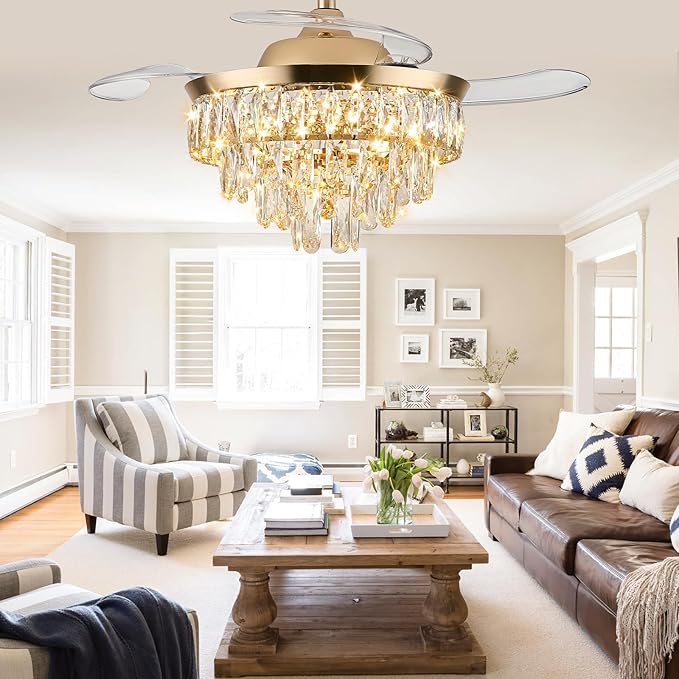 LEONTYNE 36" Modern Crystal Ceiling Fan with Lights and Remote Invisible Retractable LED Dimmable Chandelier Fan 3 Blades 6 Speeds Fandelier for Bedroom Living Room Dining Room(Gold)