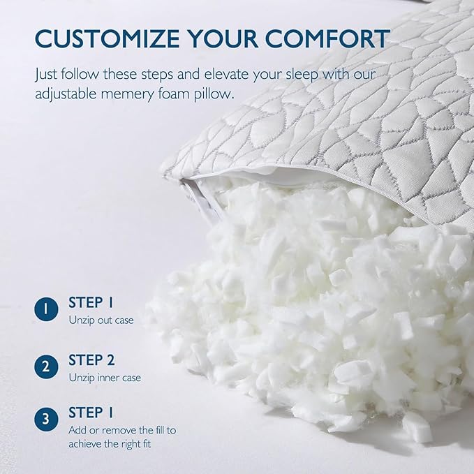 Dafinner Adjustable Shredded Memory Foam Pillows Standard/Queen Size - 100% Removable Cover from Bamboo Derived Rayon, Cooling Medium Bed Pillows for Side Stomach & Back Sleepers - Pack of 2, 20"x28"