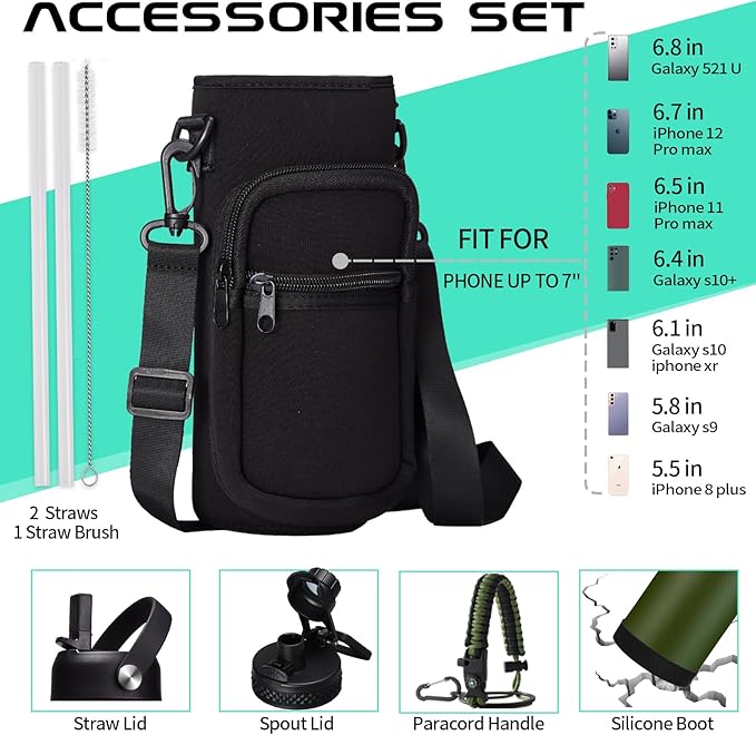 40OZ Water Bottle Stainless Steel - Cold-48H & Hot-24H Vacuum Insulated Water Bottle with Straw & Chug Lid, Strap Carrying Pouch, Paracord Handle & Flask Boot, Thermo Hydro Bottle for Hiking Cycling