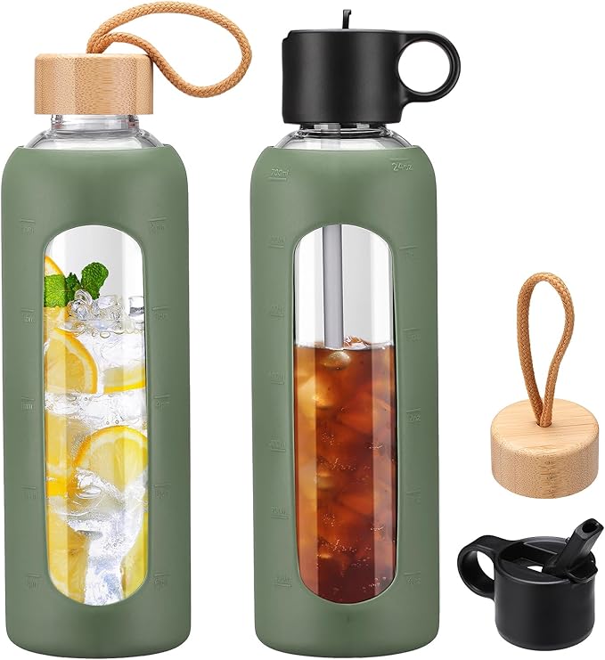 24oz Glass Water Bottle With 2 Lids-Flip Straw Lid, Bamboo Lid, Glass Water Bottle With Silicone Sleeve, Motivational Time Marker, Glass Juice Bottle for Cold Drink,Plive