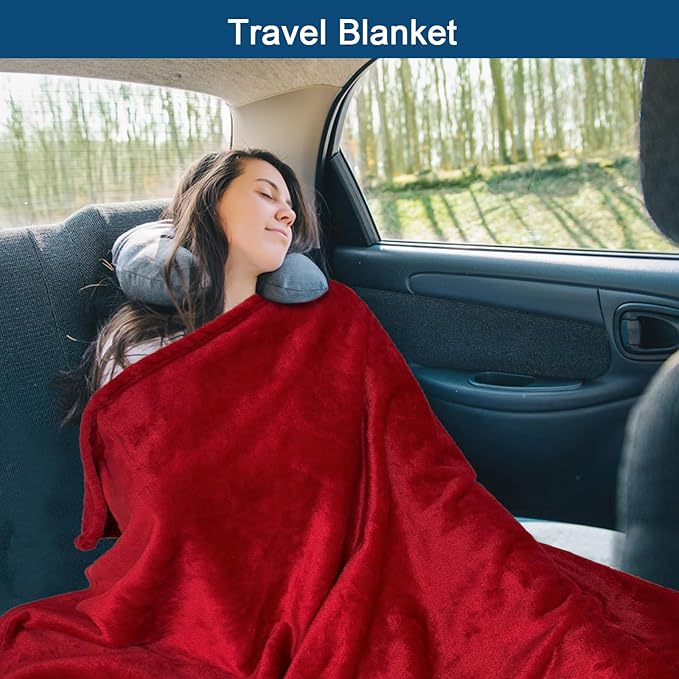 Bnuitland Travel Blanket and Pillow 2 in 1, Soft Flannel Airplane Blanket in Bag Compact-Long Flight Essential for Adults and Kids, Portable Luggage Sleeve and Backpack Clip, 65×40 inch Red