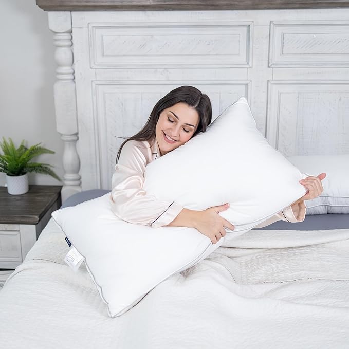 Globon Luxury Feather Down Pillow, Low Soft Fluffy Pillow Standard Queen Size, Gusseted Bed Pillows for Sleeping, Hotel Collection Pillows 18"X26", Set of 2