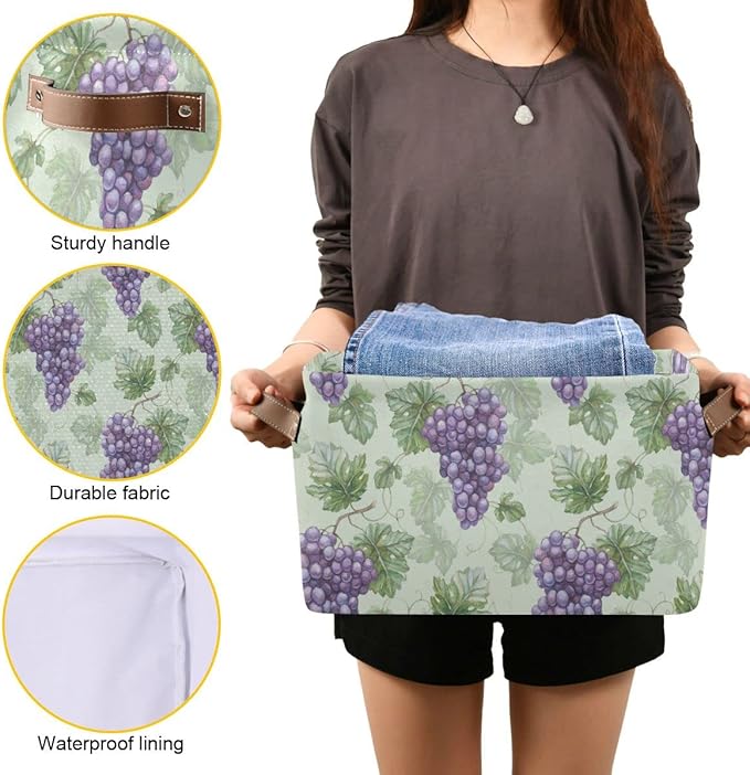 Grapes Purple Rustic Storage Basket Fabric Storage Bin Laundry Baskets Green Leaves Fruits Foldable Storage Boxes Organizer Bag for Cloth Dog Toy Book Storage Cubes Shelf Closet Basket 16×12×8 Inches