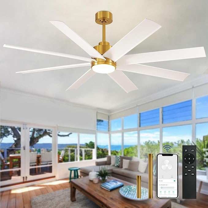 Depuley 72" Large Ceiling Fans with Lights and Remote App, Indoor Modern Ceiling Fan for Kitchen Living Room Covered Patio, 5 Speed Reversible Quiet DC Motor, 3 CCT, 8 Blades, Timer