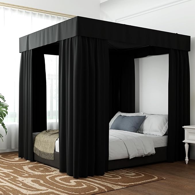 Hvqic Black Canopy Bed Curtains - 4 Corner Post Bed Curtains California King Bed Curtains Lightproof Drapes Bed Canopy for Adults & Girls Bedroom Decoration(California King,Black)