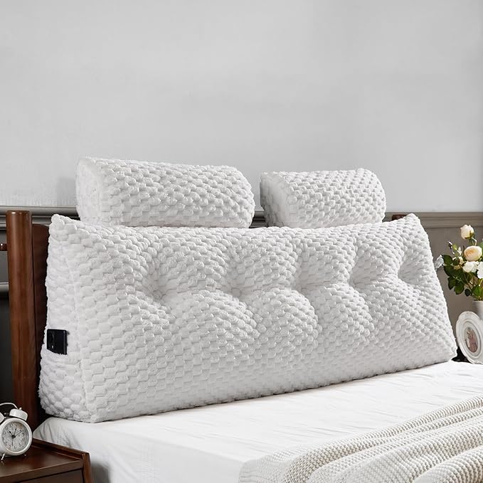 Wedge Headboard Pillow - Bed Wedge Pillow for Headboard Triangular Headboard Pillow with Neck Roll Pillow-Large Bolster Pillow for Sitting in Bed Backrest Positioning Support (White,59x8x20 Inches)