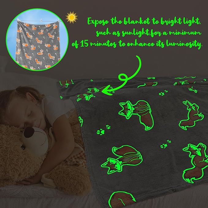Fox Gifts Toys for Kids Boys Baby- Glow in The Dark Blanket Fox Presents for Birthday Fox Decor Age 12 3 4 5 6 7 8 9 10 Years Old Toddler