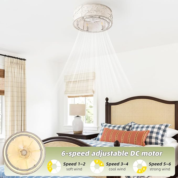 20 Inch White Crystal Ceiling Fan with Light, Caged Crystal Ceiling Fan with Light Remote Control, Flush Mount with 6 Speeds for Bedroom, Nursery, Living Room (6 E12 Bulb Includ) (White)