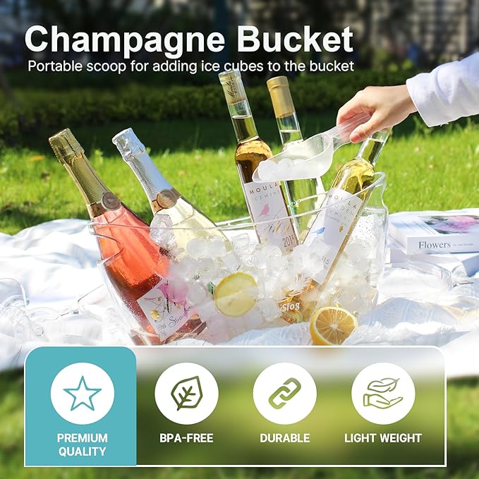 3Pcs Ice Buckets for Parties, 5.5L Ice Bucket with Scoop, Acrylic Champagne Bucket,Plastic Tub for Cocktail Bar, Clear Ice Bucket Beverage Tub for Champagne, Wine, Beer Bottles