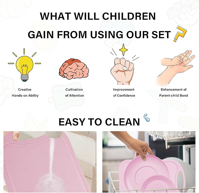 TJ POP Kids Knives for real cooking, Safe Knives Set 6 Pcs for Children, Kids' Baking Supplies with Cutting Board & Dishes, Toddler Knife Good Soft Grips, BPA-Free (Pink)