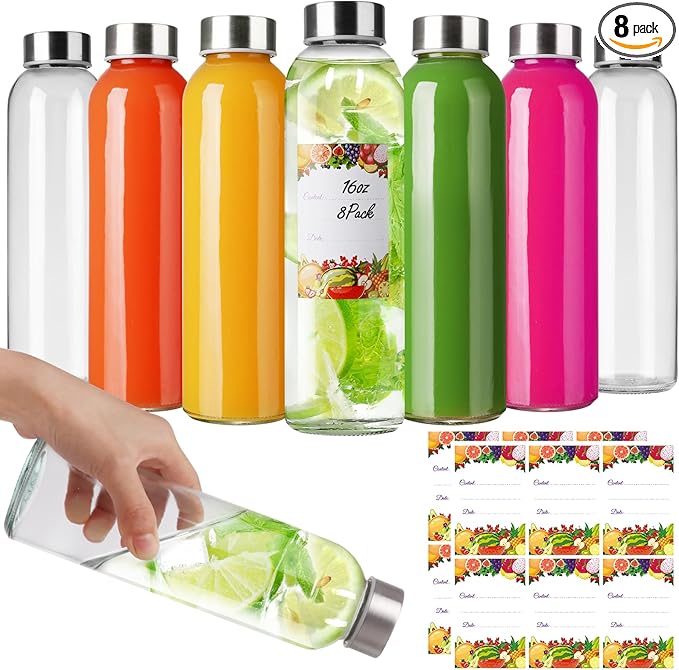 16oz Glass Water Bottles with Lids 8Pack, 16 oz Glass Bottles for Juicing- Empty Juicing Bottles Reusable Glass(16fl.oz/500ml, Set of 8)