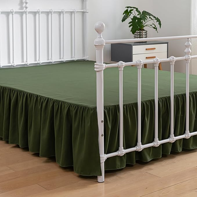 Bed Skirt Queen Size Ruffled Bed Skirt with Split Corners, 12 Inch Drop Dust Ruffle Bed Skirt with Platform, Green, Queen - 12" Drop