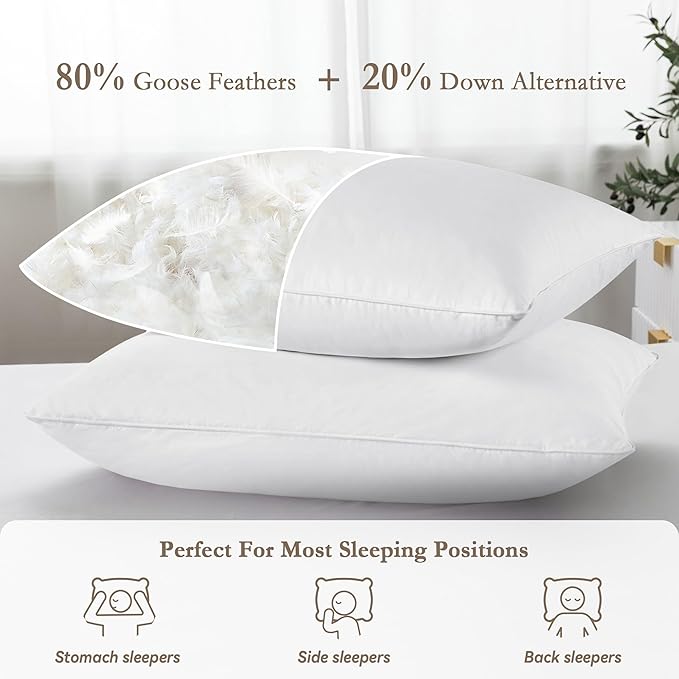 puredown® Feather Pillows with 100% Cotton Cover, Set of 2 Bed Pillows for Sleeping, Queen Size
