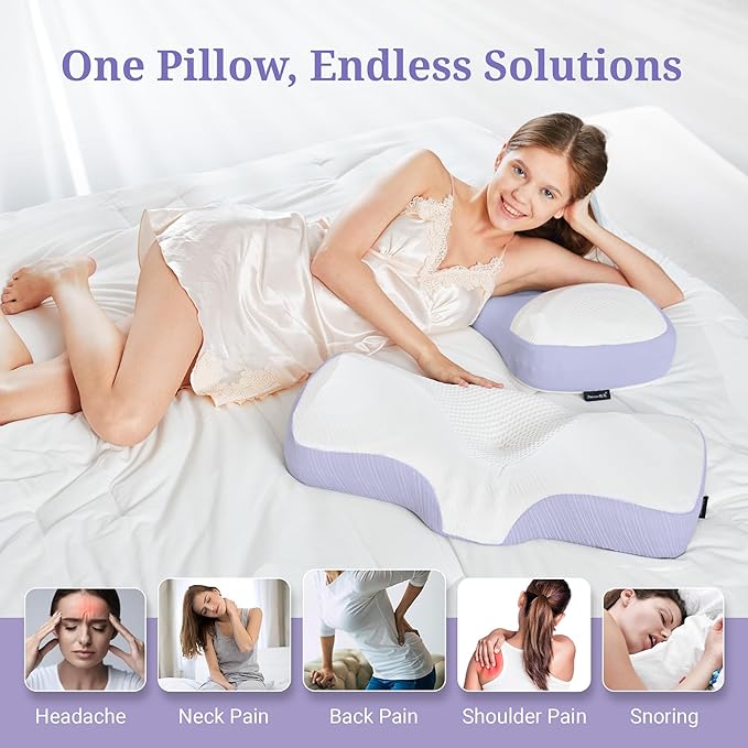 Cervical Pillow for Neck and Shoulder,Contour Memory Foam Pillow,Ergonomic Neck Support Pillow for Side Back Stomach Sleepers with Pillowcase [Purple]