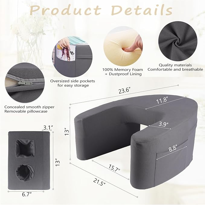 Gaming Pillow for Laptop, Reading Pillows for Sitting in Bed Adult with Cup Holder, Extra Large Memory Foam Lap Desk Pillow with Comfortable Armrests and Side Shelves