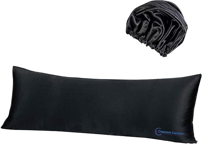 Memory Foam Body Pillow (Black, 20 x 54 Inch) - Full Body Pillows for Adults - Large Body Pillow Insert with Pillowcase for Back & Side Sleepers, Black Silk Body Pillow Cover & Silk Bonnet